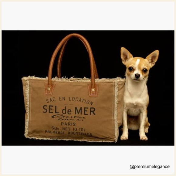 Canvas Tote Bag with Leather Handles, Spacious 44L Capacity, Zipper Closure - Picture 5 of 7